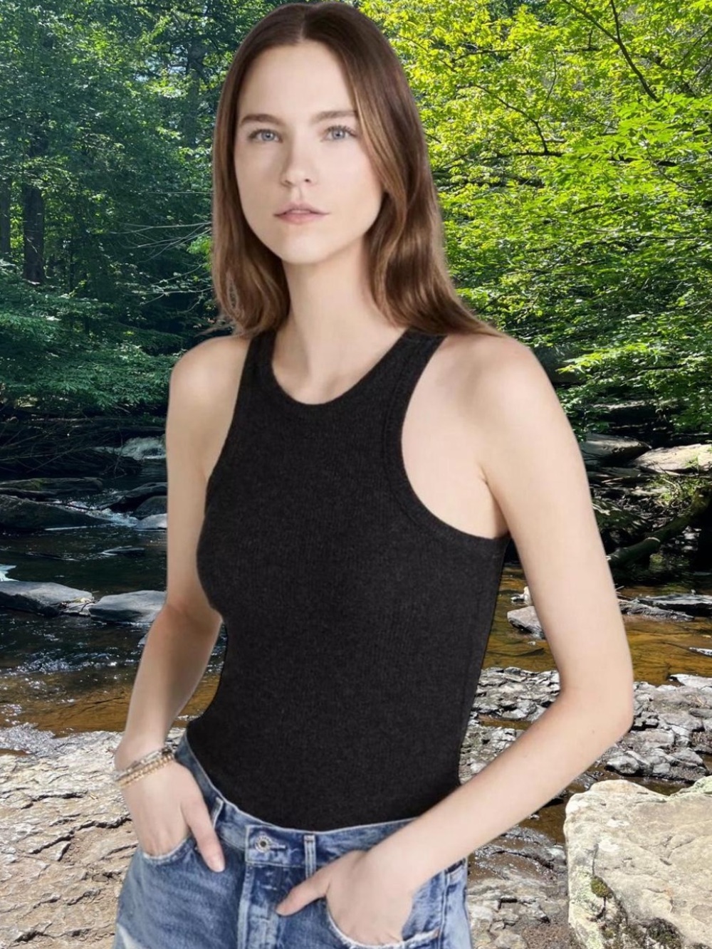 AGOLDE Bailey Scoop Ribbed Knit Tank Top in Katniss Gray Size Large NWT
